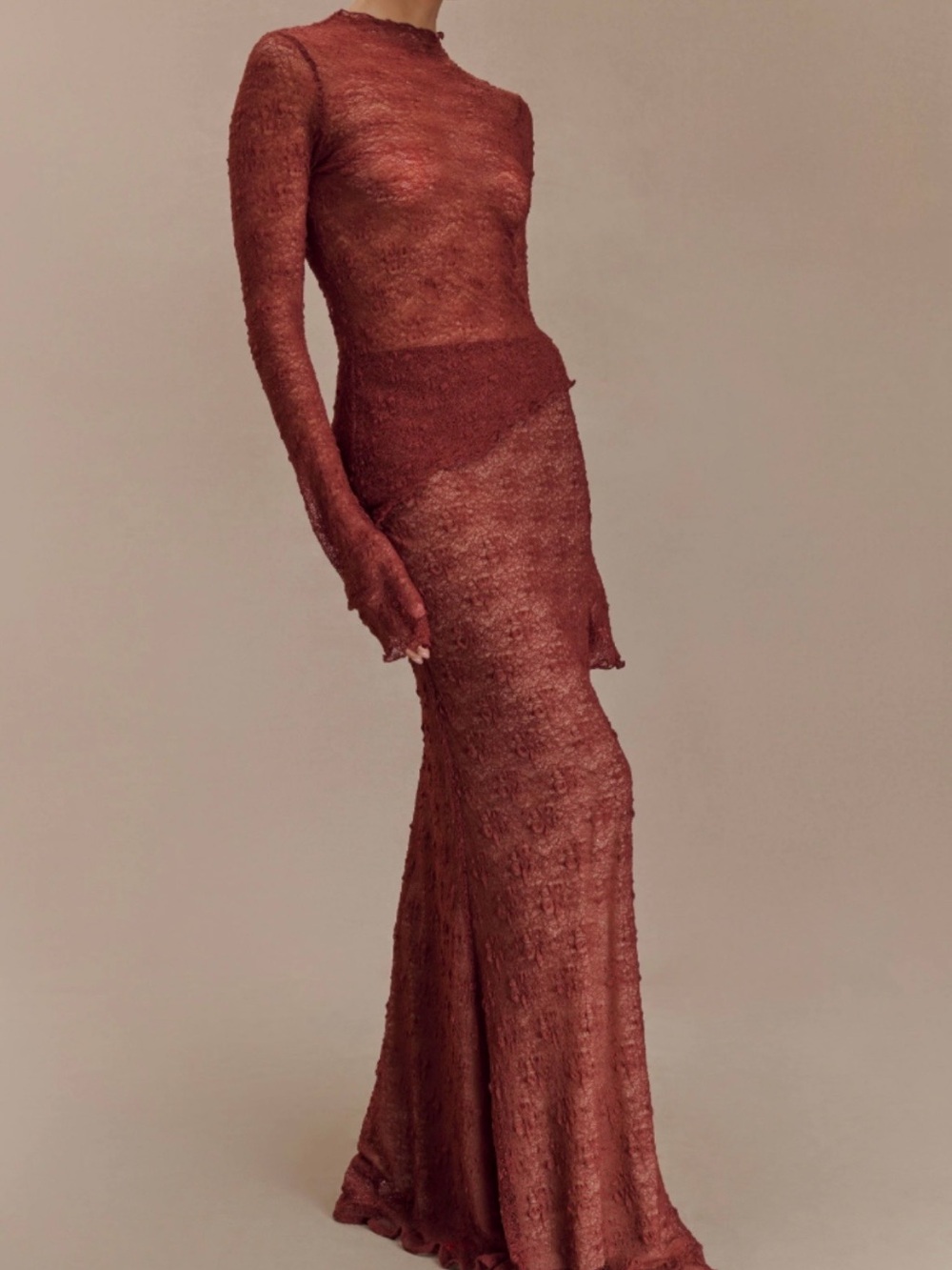 Meshki Riley Sheer Lace Long Sleeve Top & skirt- Chilli